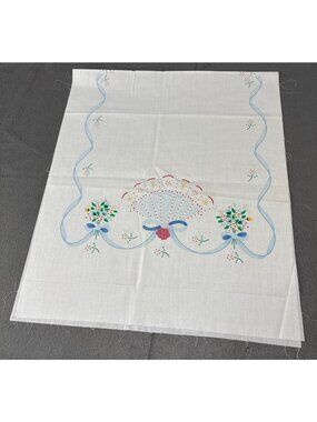 Stamped Embroidery Table Runner White Cotton Blue Ribbons Floral Craft 34"x28"